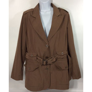 Dennis by Dennis Basso Medium Rain Jacket Brown Print Lined 4 Pockets Belted